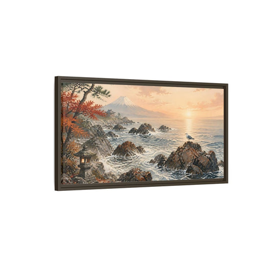 Main Mockup. Rocky Coast Sunset shown as framed canvas print