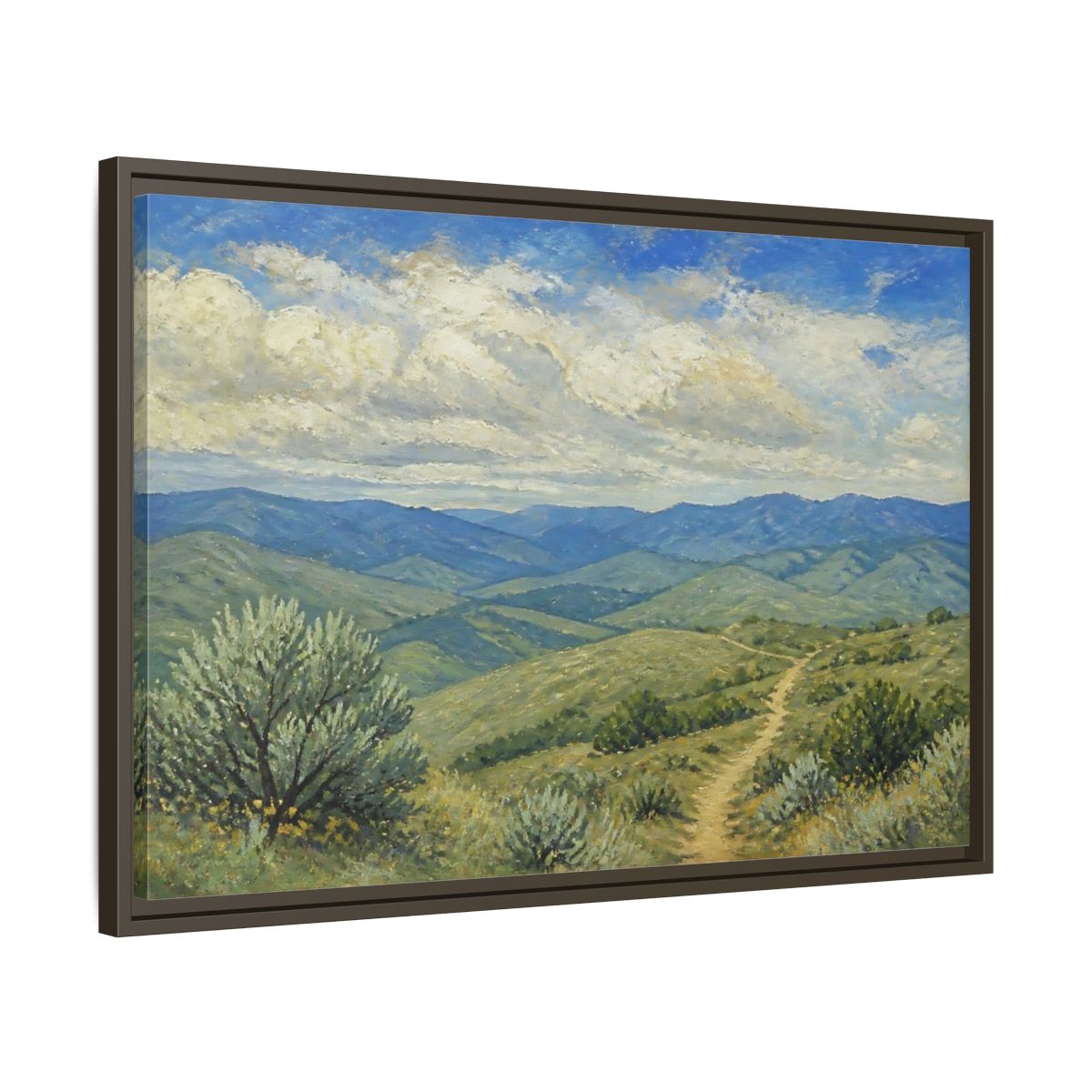 Side Mockup 11. Rolling Hills Vista shown as framed canvas print