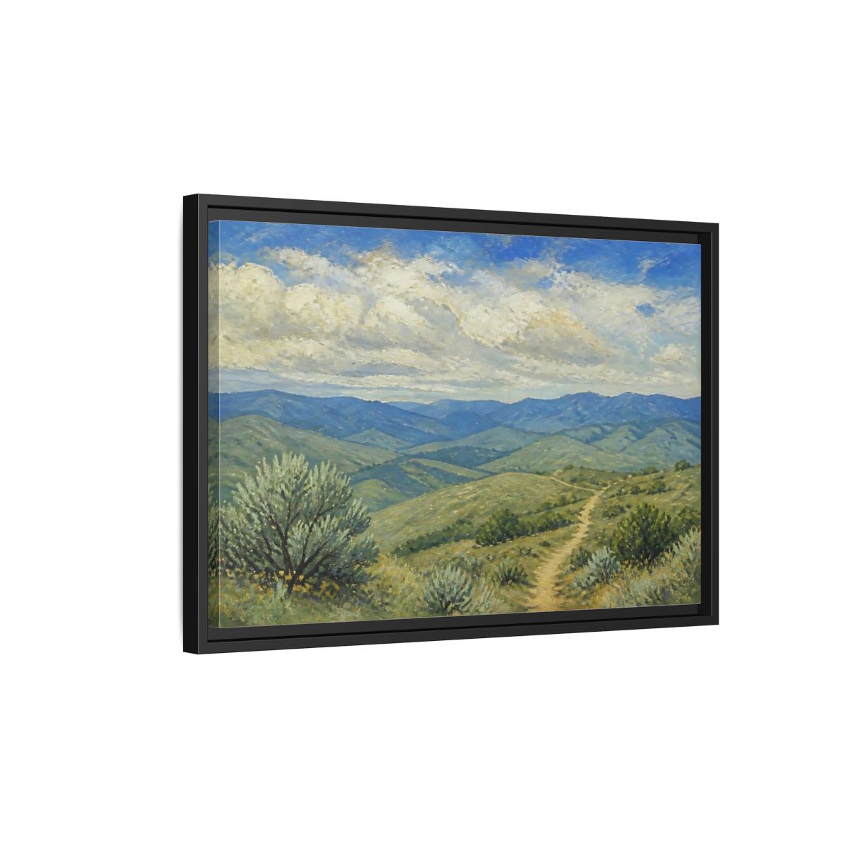 Side Mockup 3. Rolling Hills Vista shown as framed canvas print