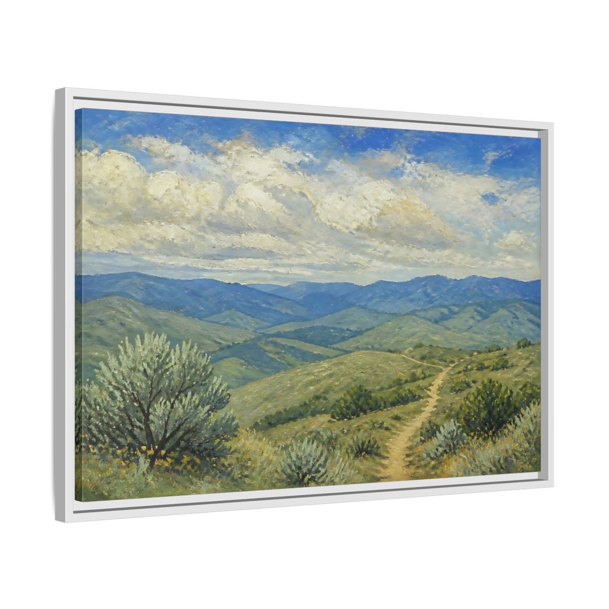 Side Mockup 10. Rolling Hills Vista shown as framed canvas print