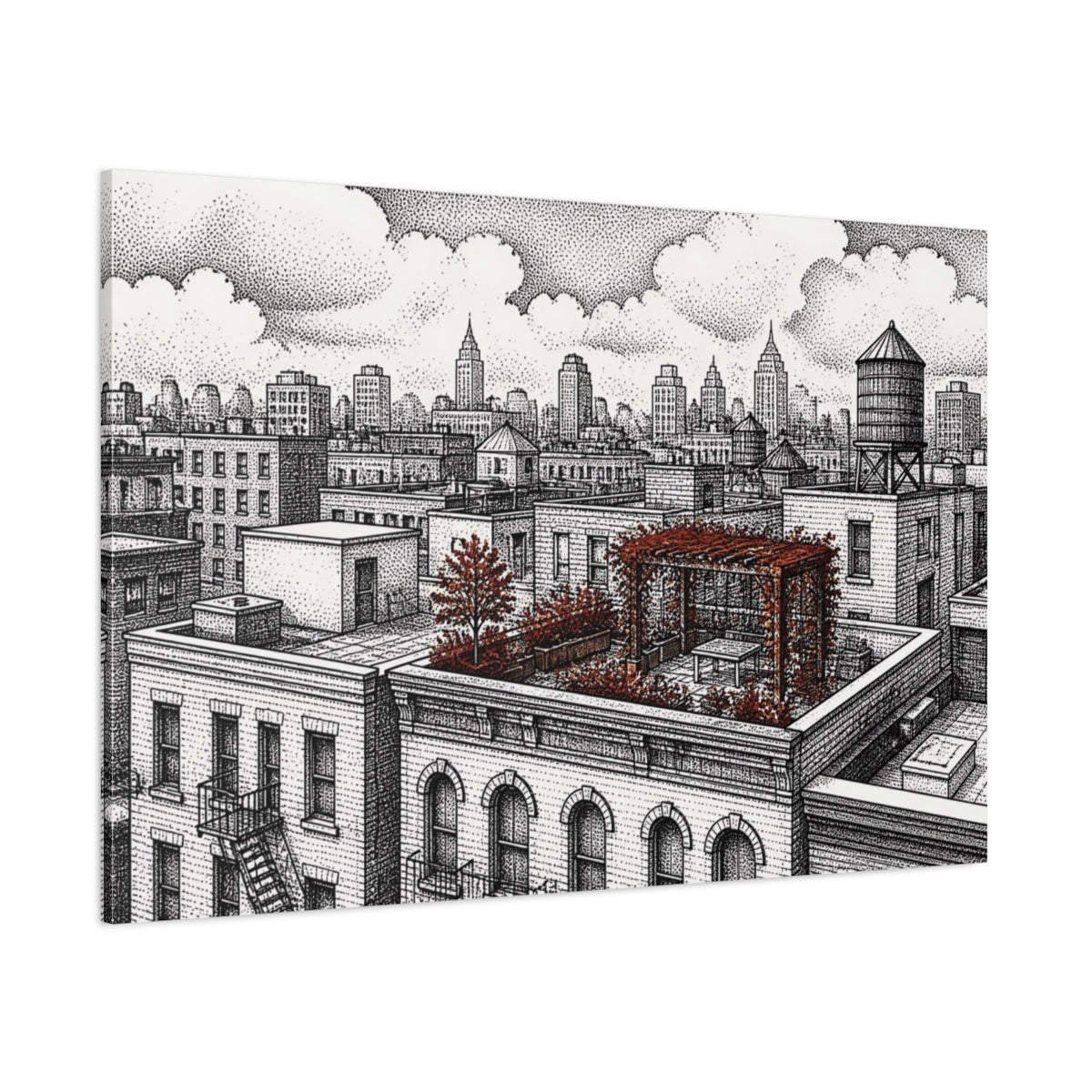 Side Mockup 1. Rooftop Garden Retreat shown as canvas print
