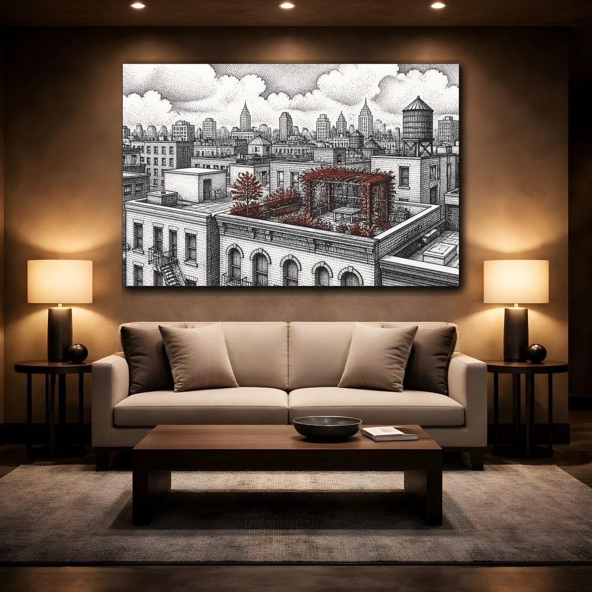 Mockup 2. Rooftop Garden Retreat shown as canvas print