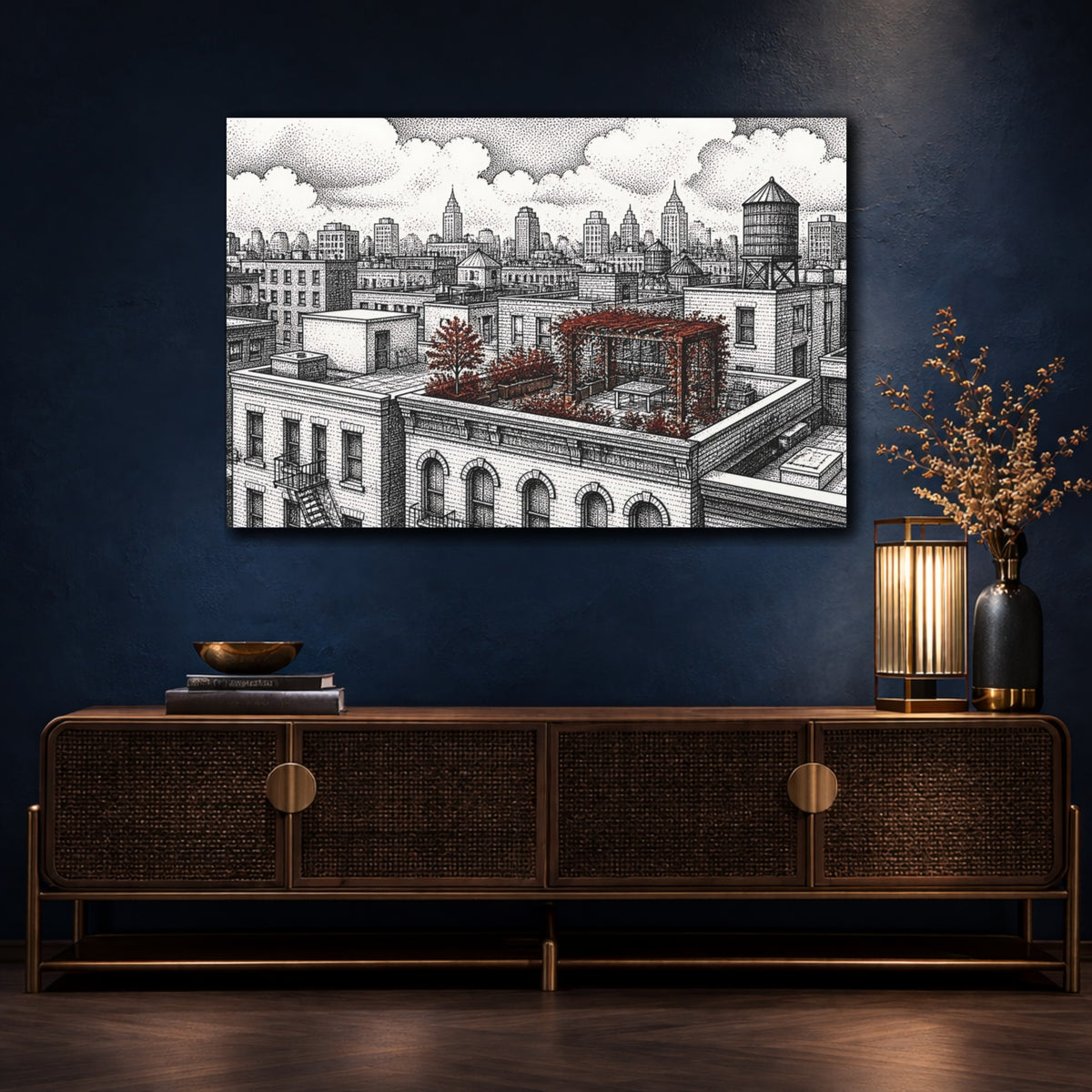 Mockup 4. Rooftop Garden Retreat shown as canvas print