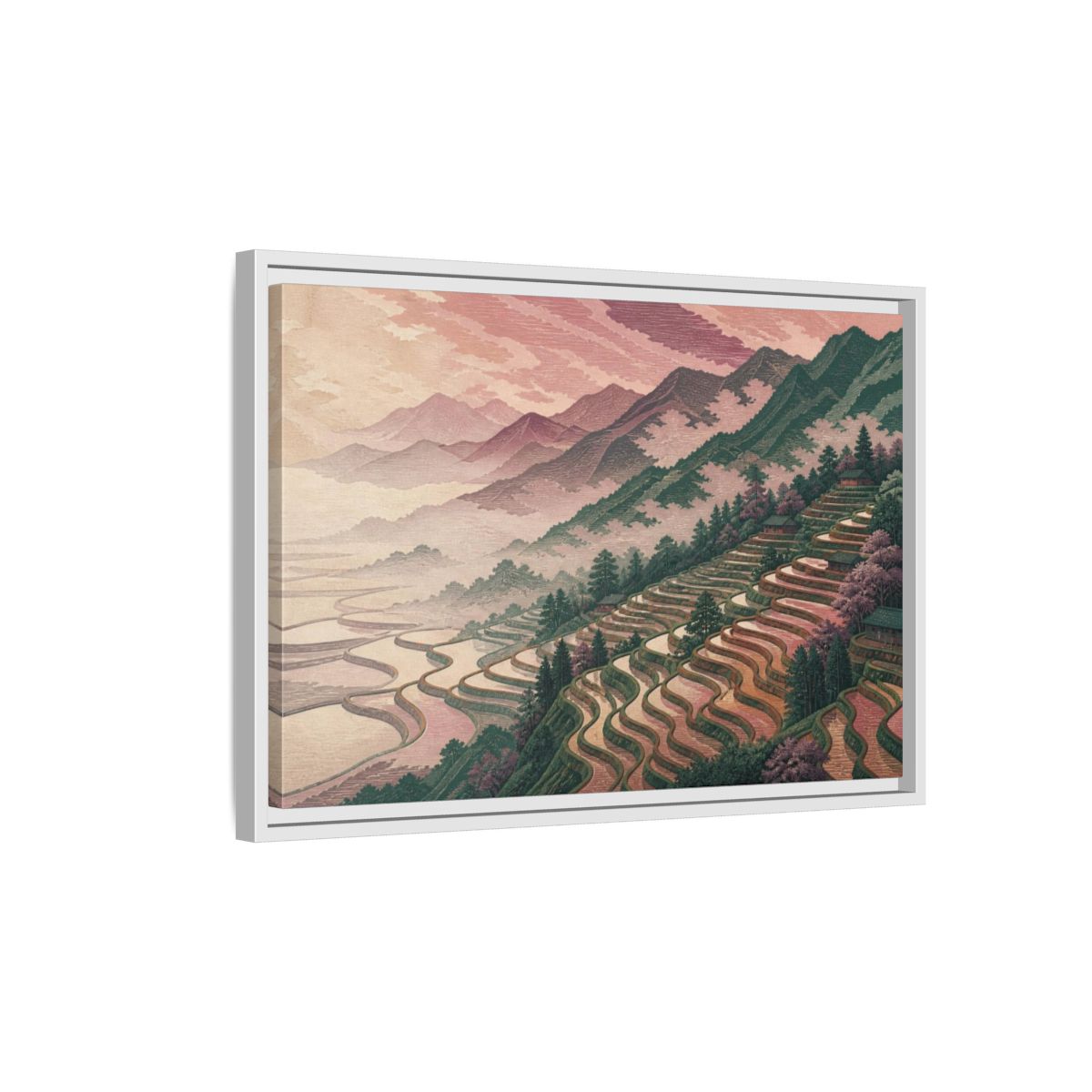 Side Mockup 1. Rose Fog Rice Terraces shown as framed canvas print