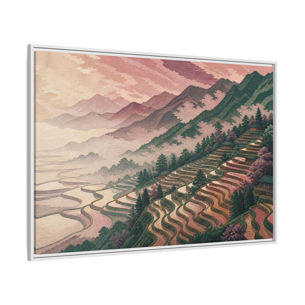 Side Mockup 7. Rose Fog Rice Terraces shown as framed canvas print
