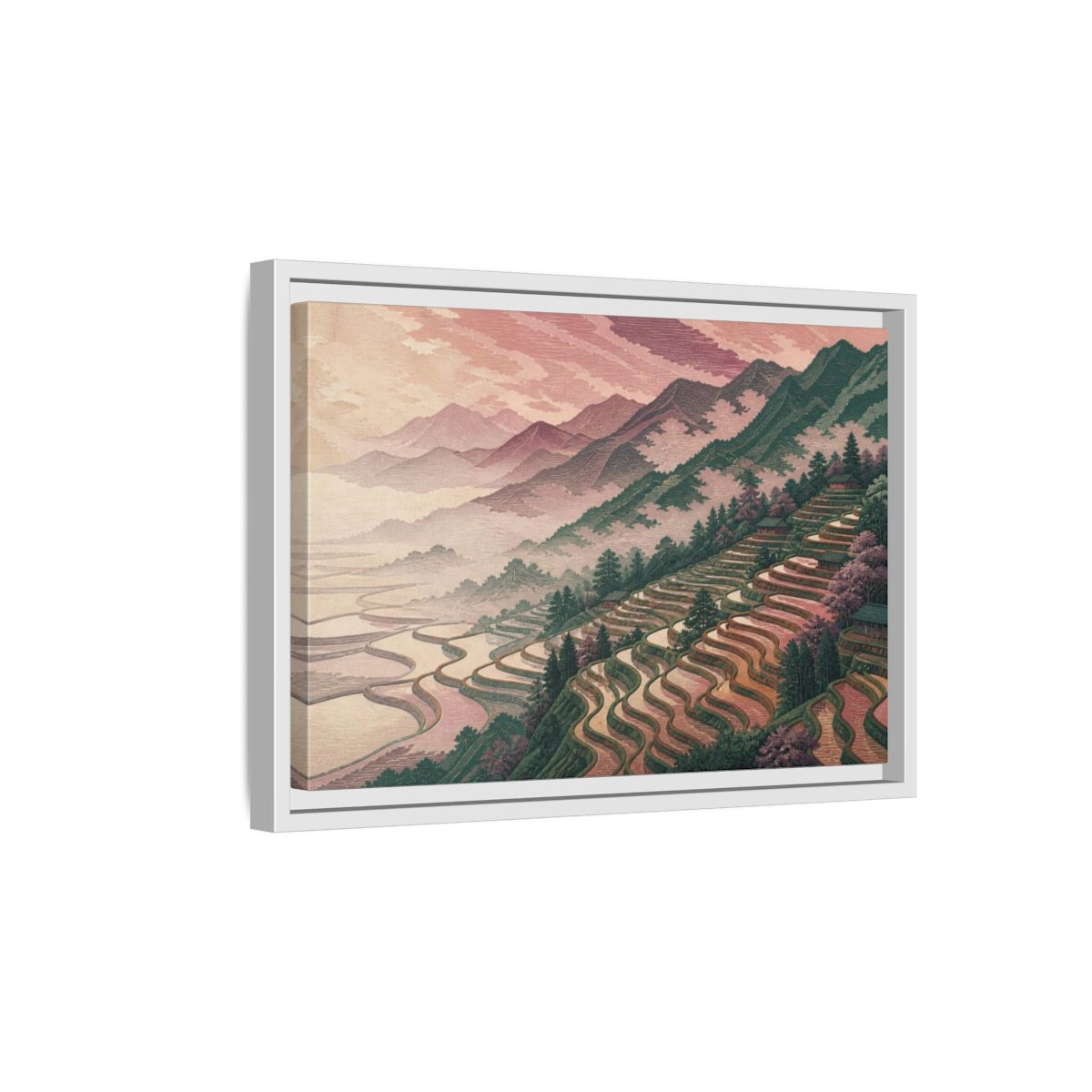 Side Mockup 4. Rose Fog Rice Terraces shown as framed canvas print