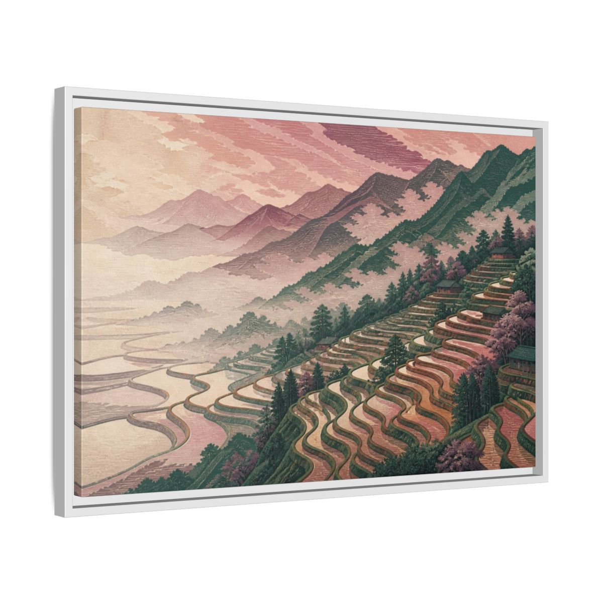 Side Mockup 10. Rose Fog Rice Terraces shown as framed canvas print