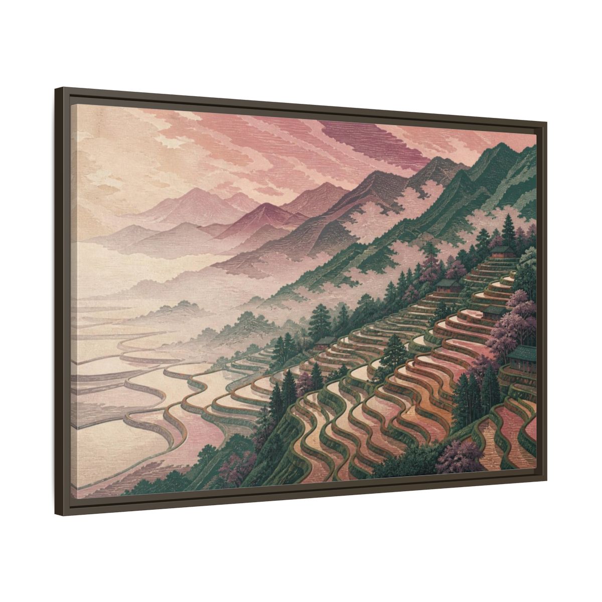 Main Mockup. Rose Fog Rice Terraces shown as framed canvas print