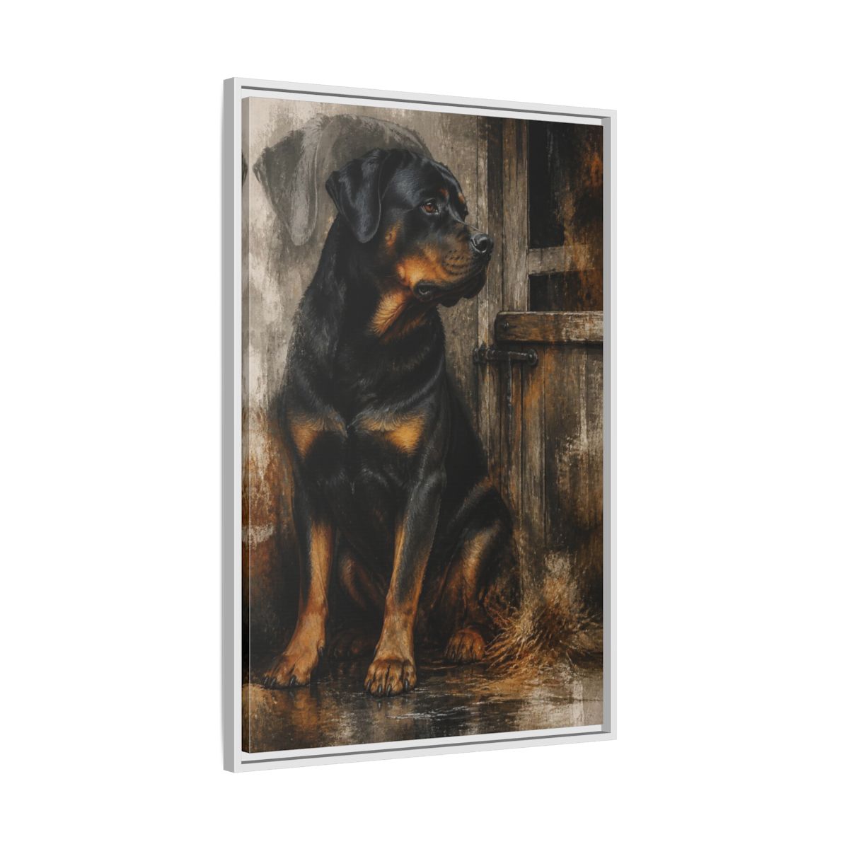 Side Mockup 9. Rottweiler Pet Portrait shown as framed canvas print