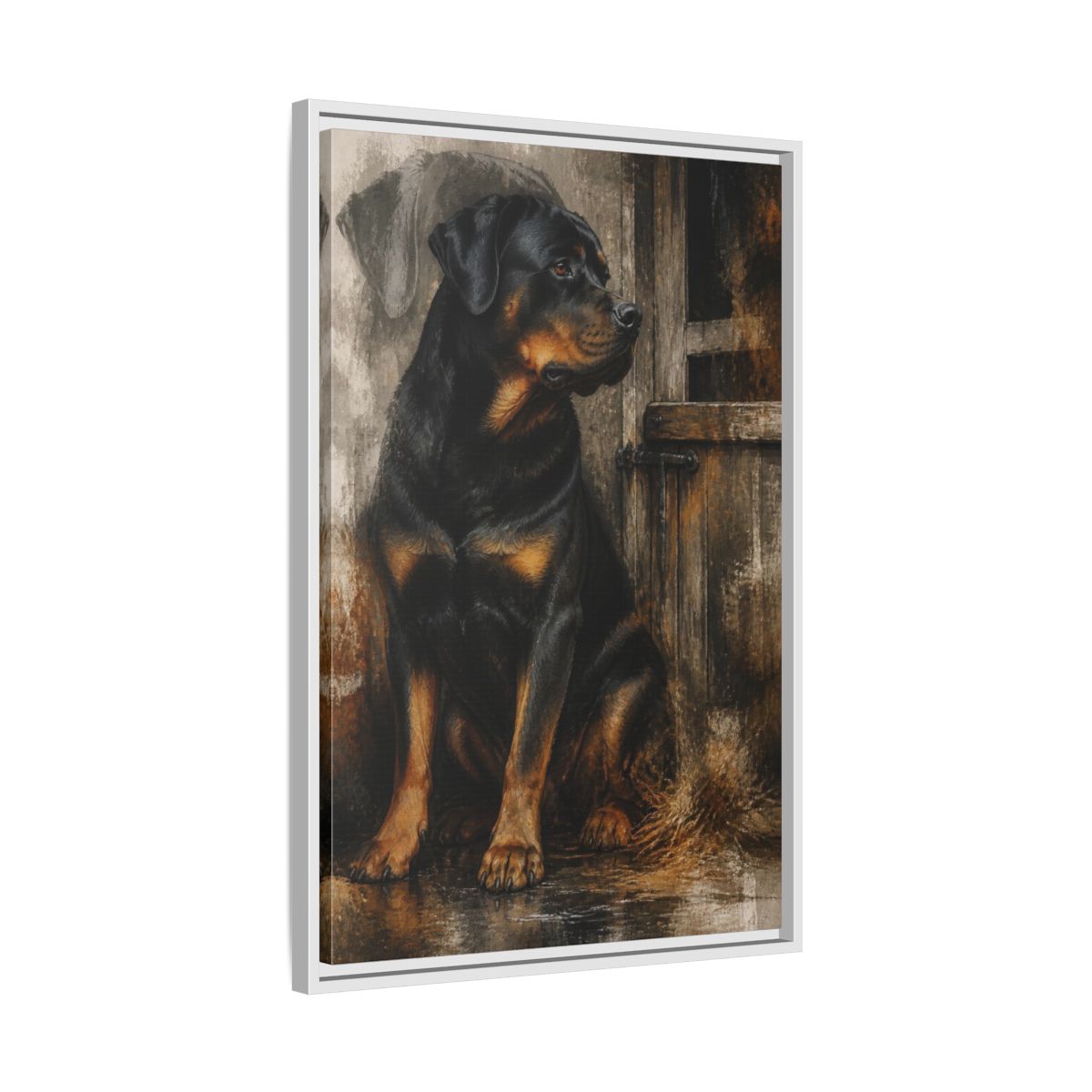 Side Mockup 10. Rottweiler Pet Portrait shown as framed canvas print