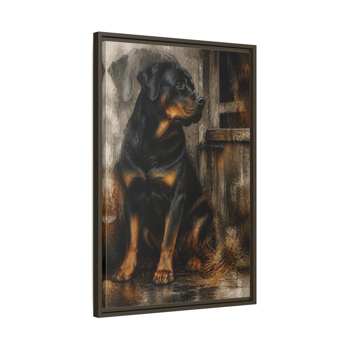 Side Mockup 11. Rottweiler Pet Portrait shown as framed canvas print
