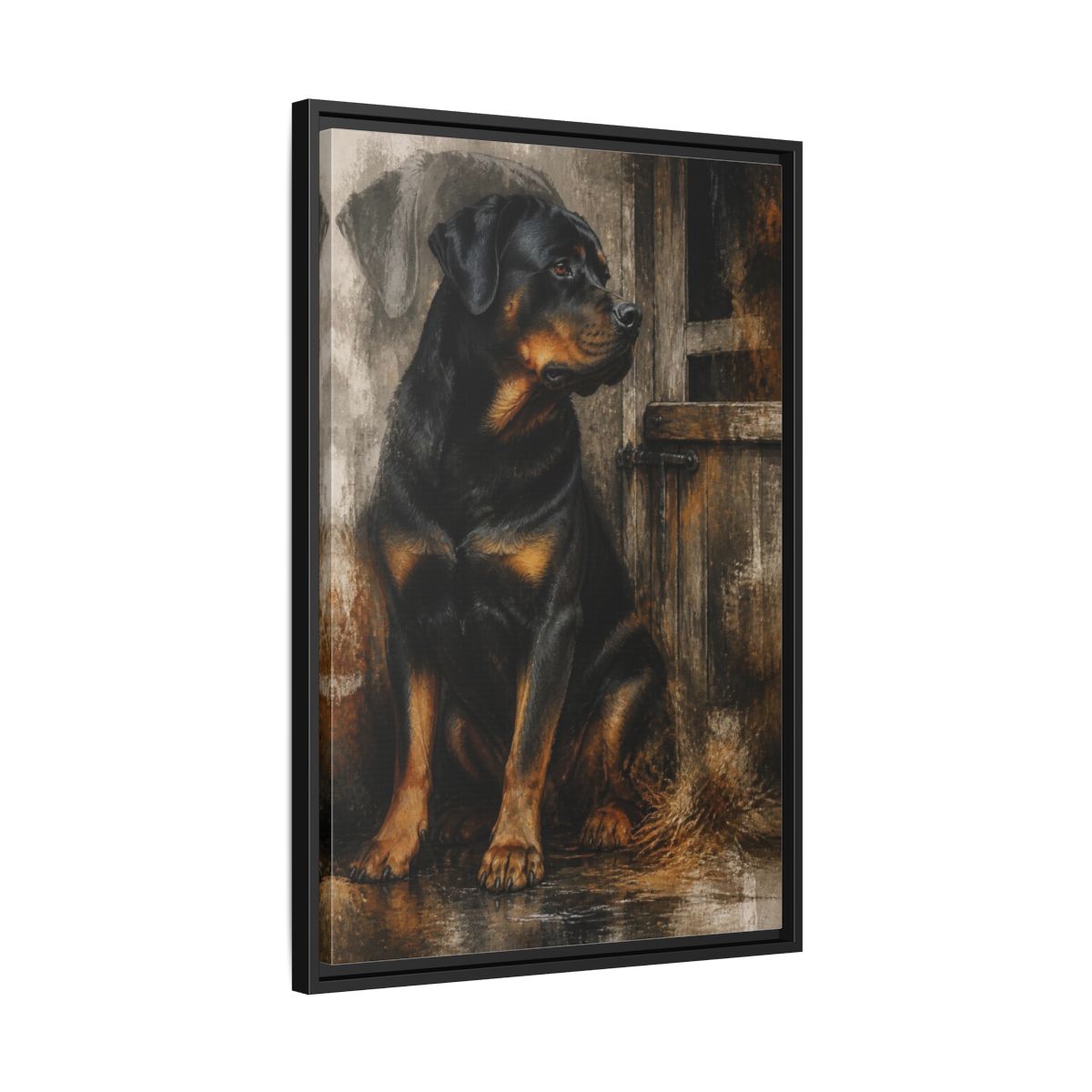 Side Mockup 14. Rottweiler Pet Portrait shown as framed canvas print