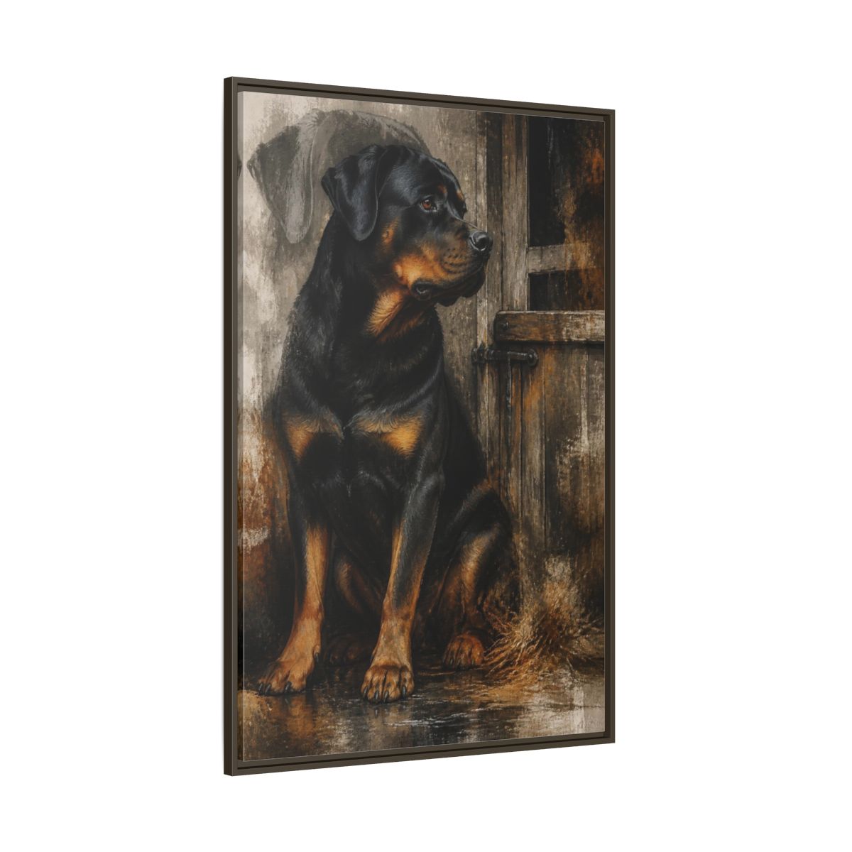 Side Mockup 8. Rottweiler Pet Portrait shown as framed canvas print