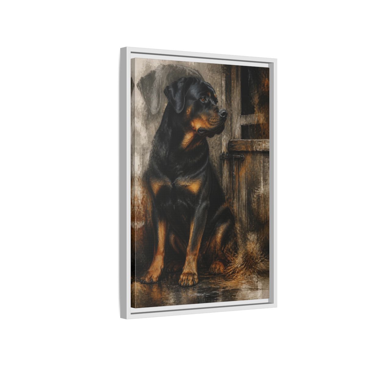Side Mockup 1. Rottweiler Pet Portrait shown as framed canvas print