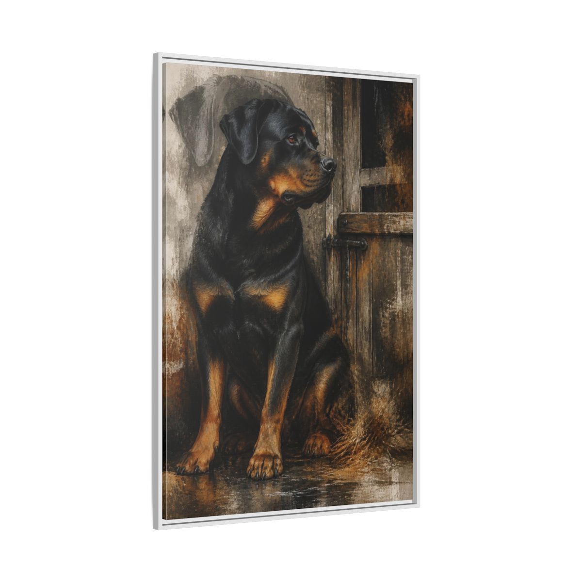Side Mockup 7. Rottweiler Pet Portrait shown as framed canvas print