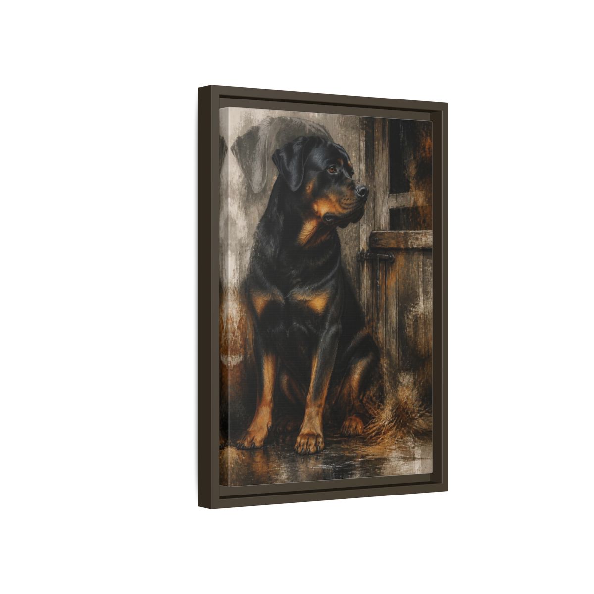 Side Mockup 5. Rottweiler Pet Portrait shown as framed canvas print