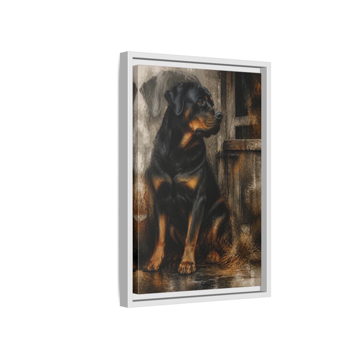 Side Mockup 4. Rottweiler Pet Portrait shown as framed canvas print