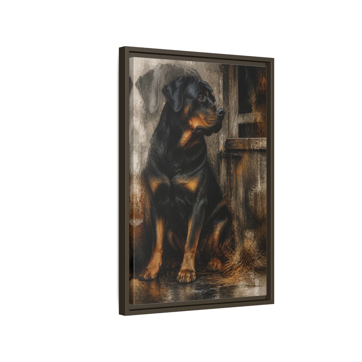 Side Mockup 2. Rottweiler Pet Portrait shown as framed canvas print
