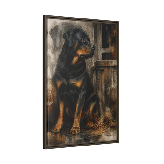 Main Mockup. Rottweiler Pet Portrait shown as framed canvas print