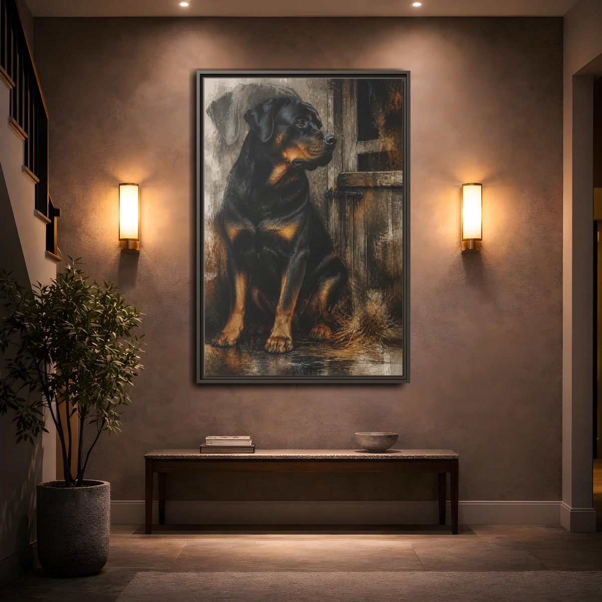 Mockup 2. Rottweiler Pet Portrait shown as framed canvas print
