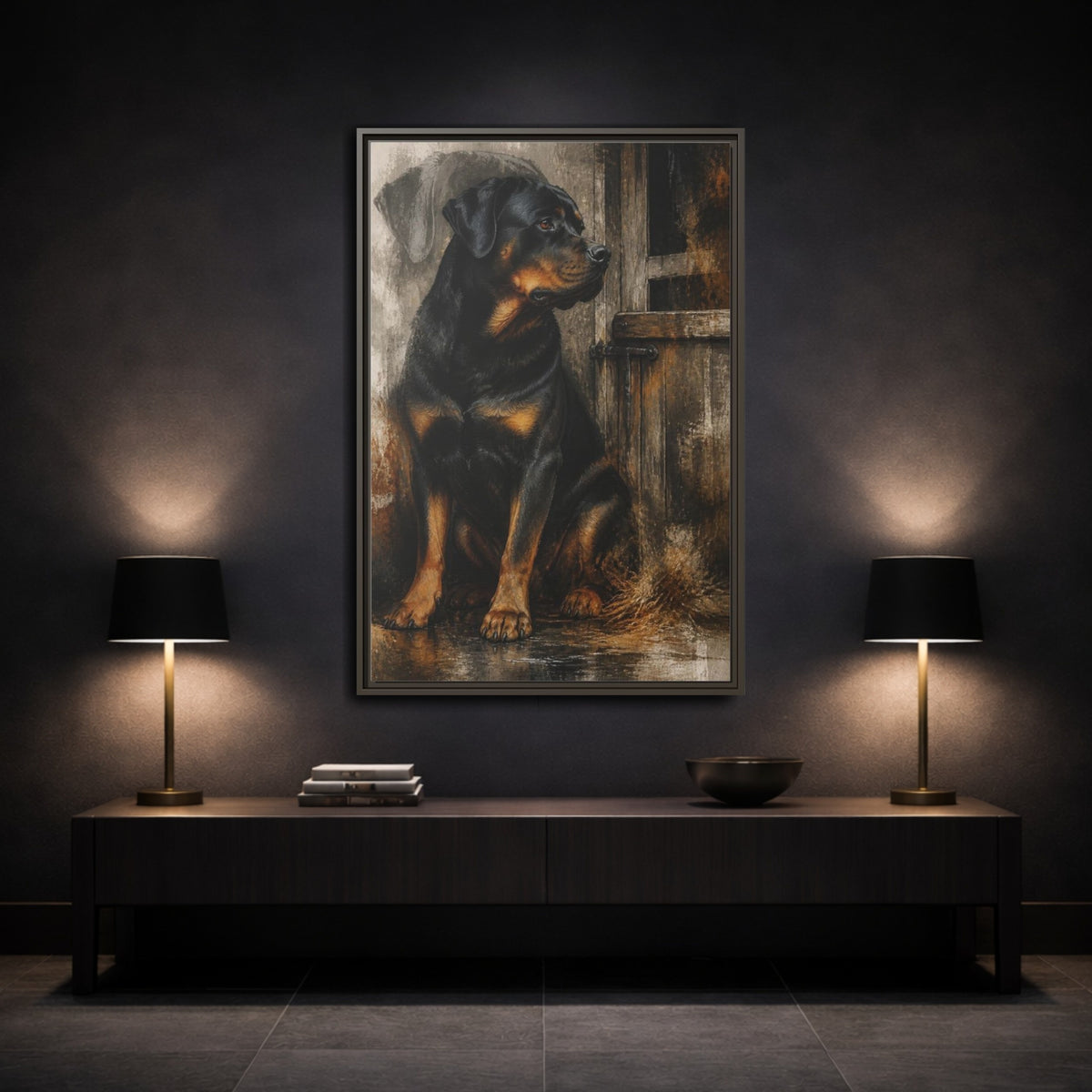 Mockup 3. Rottweiler Pet Portrait shown as framed canvas print