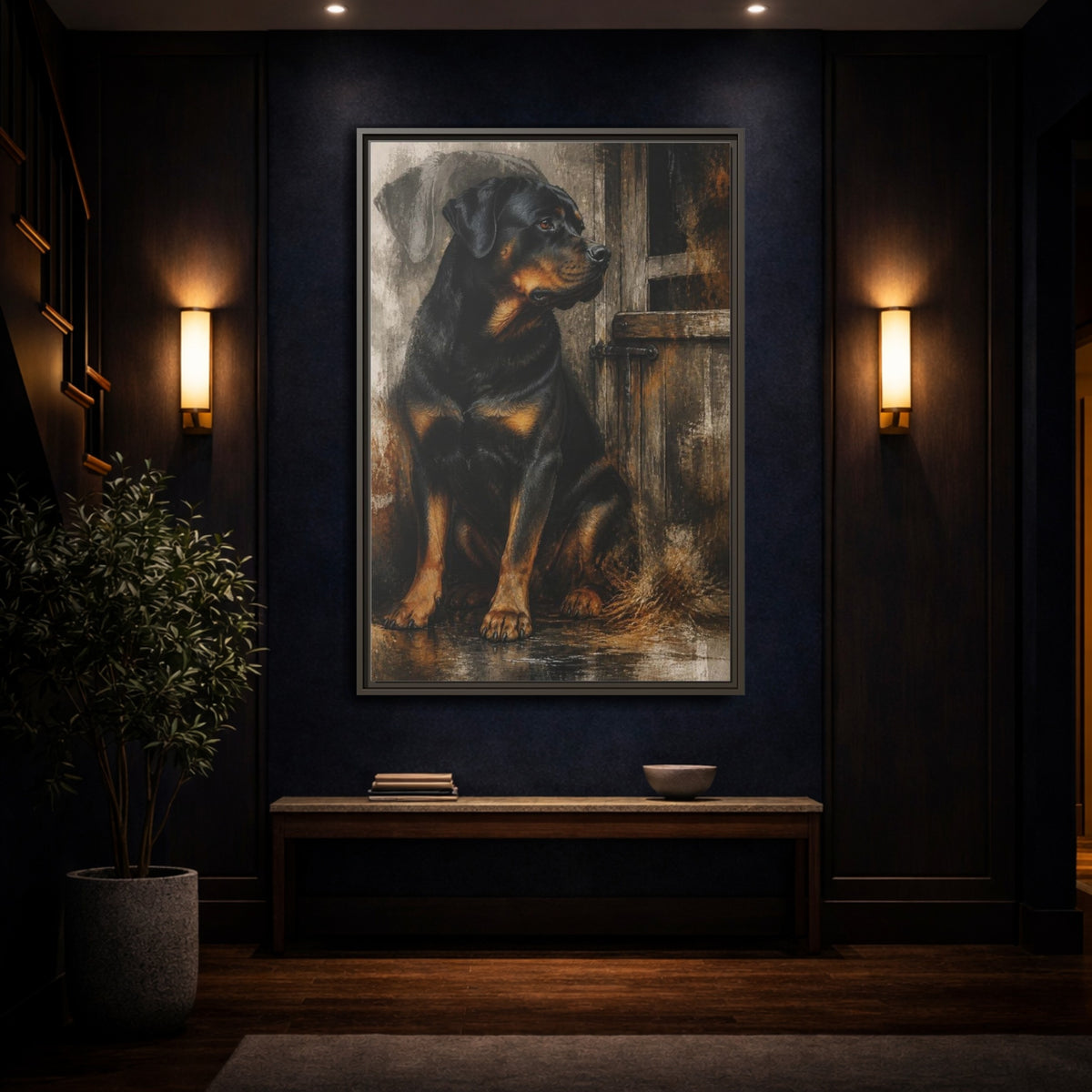 Mockup 4. Rottweiler Pet Portrait shown as framed canvas print