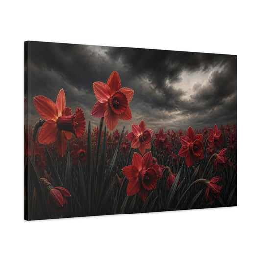 Main Mockup. Ruby Daffodil Flowers shown as canvas print