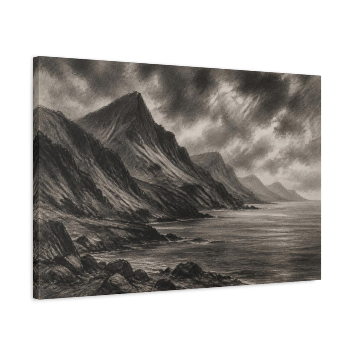 Side Mockup 2. Rugged Coastal Landscape shown as canvas print