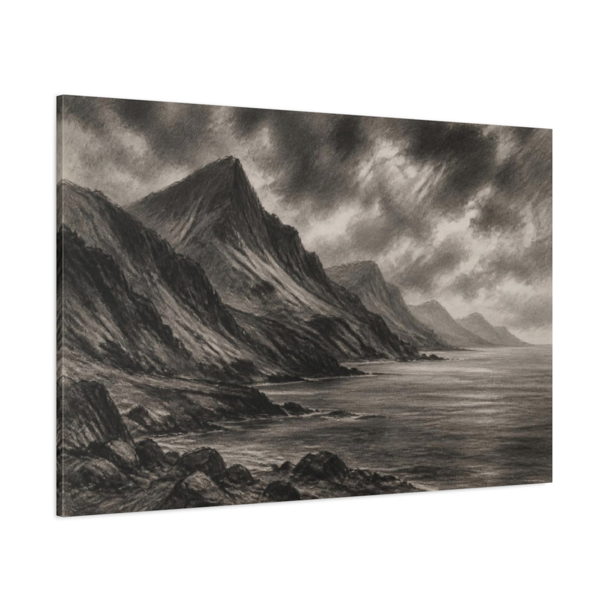 Side Mockup 1. Rugged Coastal Landscape shown as canvas print