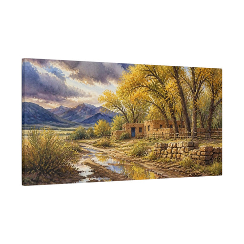 Main Mockup. Rustic Adobe Ranch With Cottonwoods shown as canvas print
