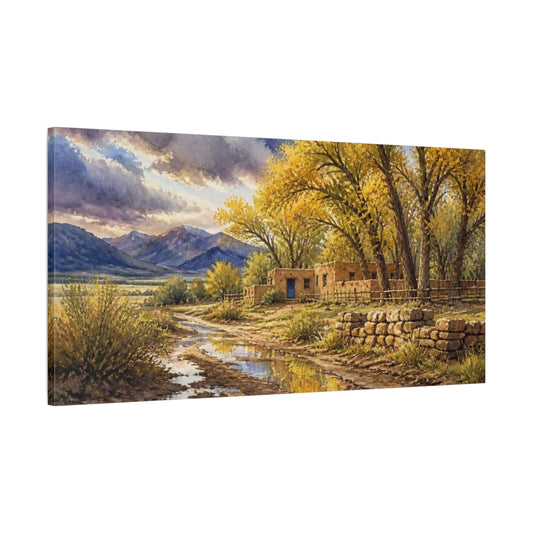 Main Mockup. Rustic Adobe Ranch With Cottonwoods shown as canvas print