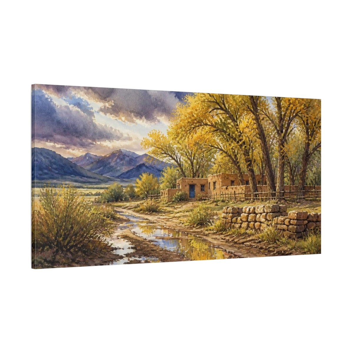 Side Mockup 2. Rustic Adobe Ranch With Cottonwoods shown as canvas print