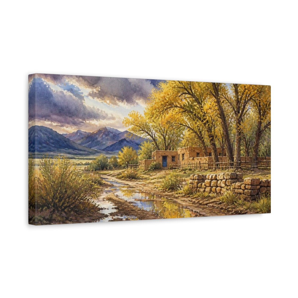 Side Mockup 3. Rustic Adobe Ranch With Cottonwoods shown as canvas print