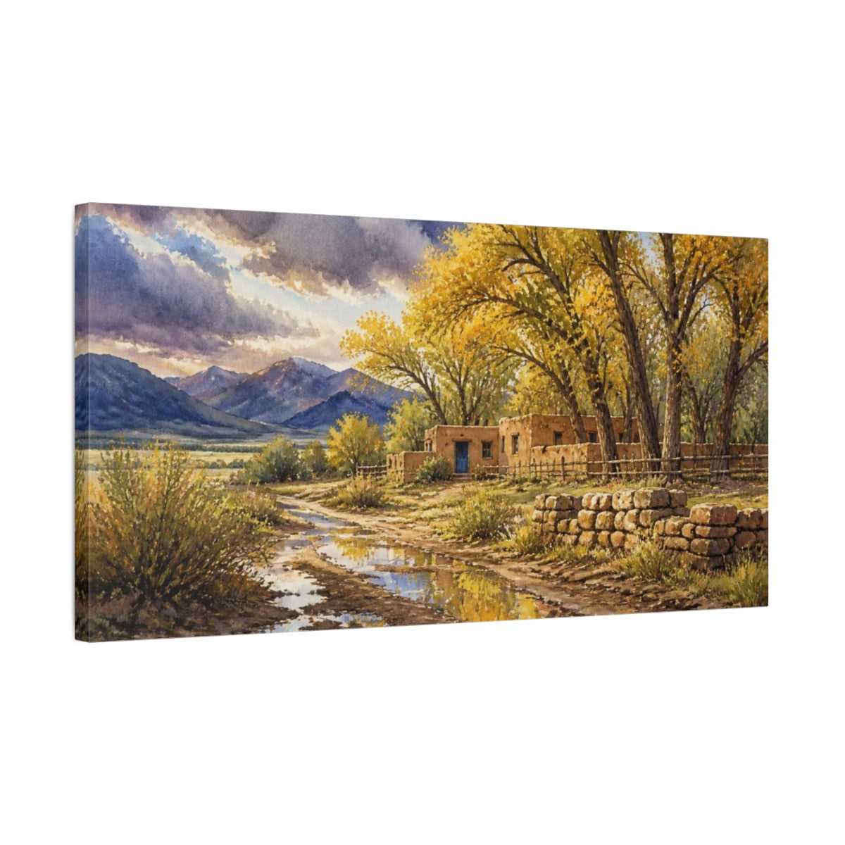 Side Mockup 1. Rustic Adobe Ranch With Cottonwoods shown as canvas print