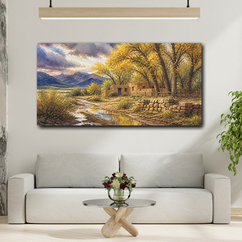 Mockup 2. Rustic Adobe Ranch With Cottonwoods shown as canvas print