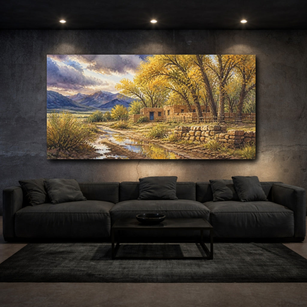 Mockup 3. Rustic Adobe Ranch With Cottonwoods shown as canvas print