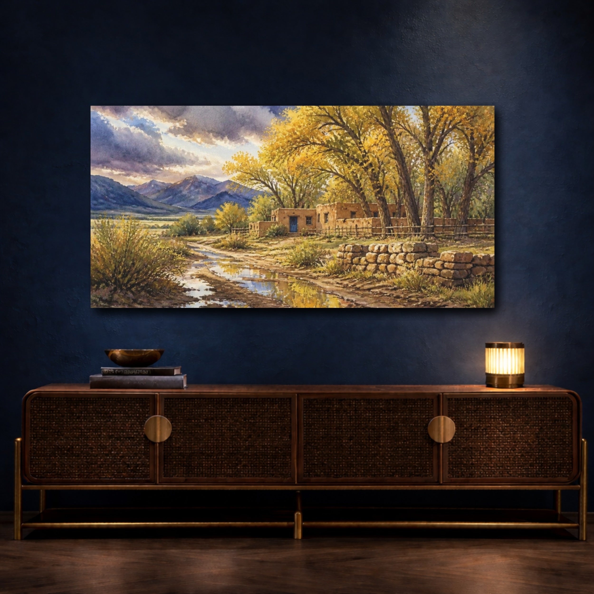 Mockup 4. Rustic Adobe Ranch With Cottonwoods shown as canvas print