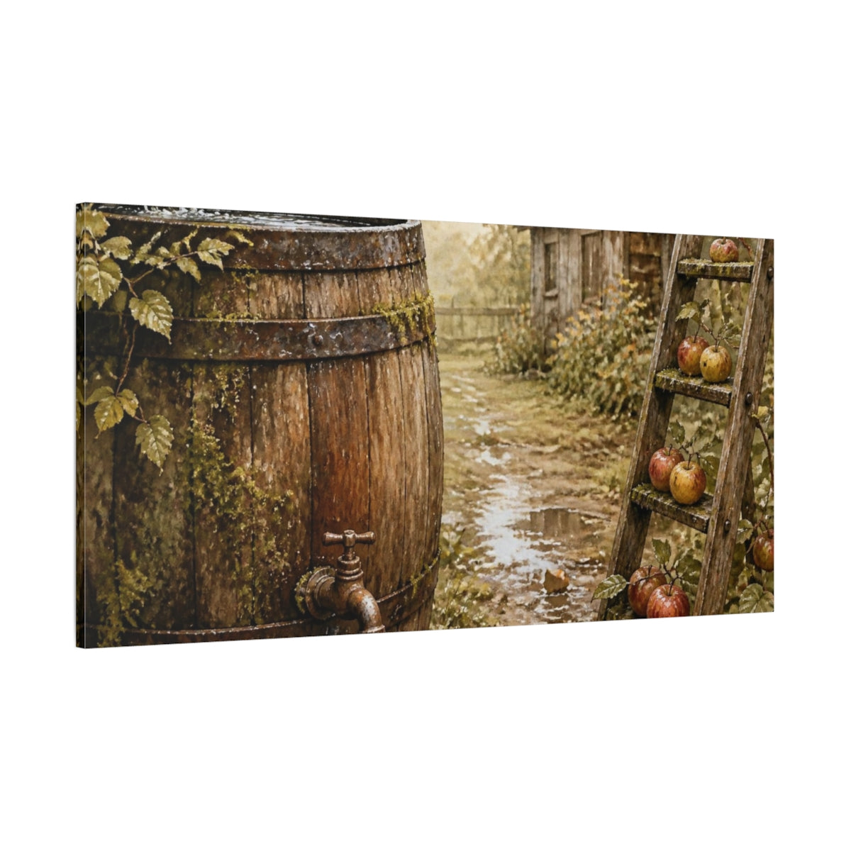 Side Mockup 2. Rustic Barrel With Apples shown as canvas print
