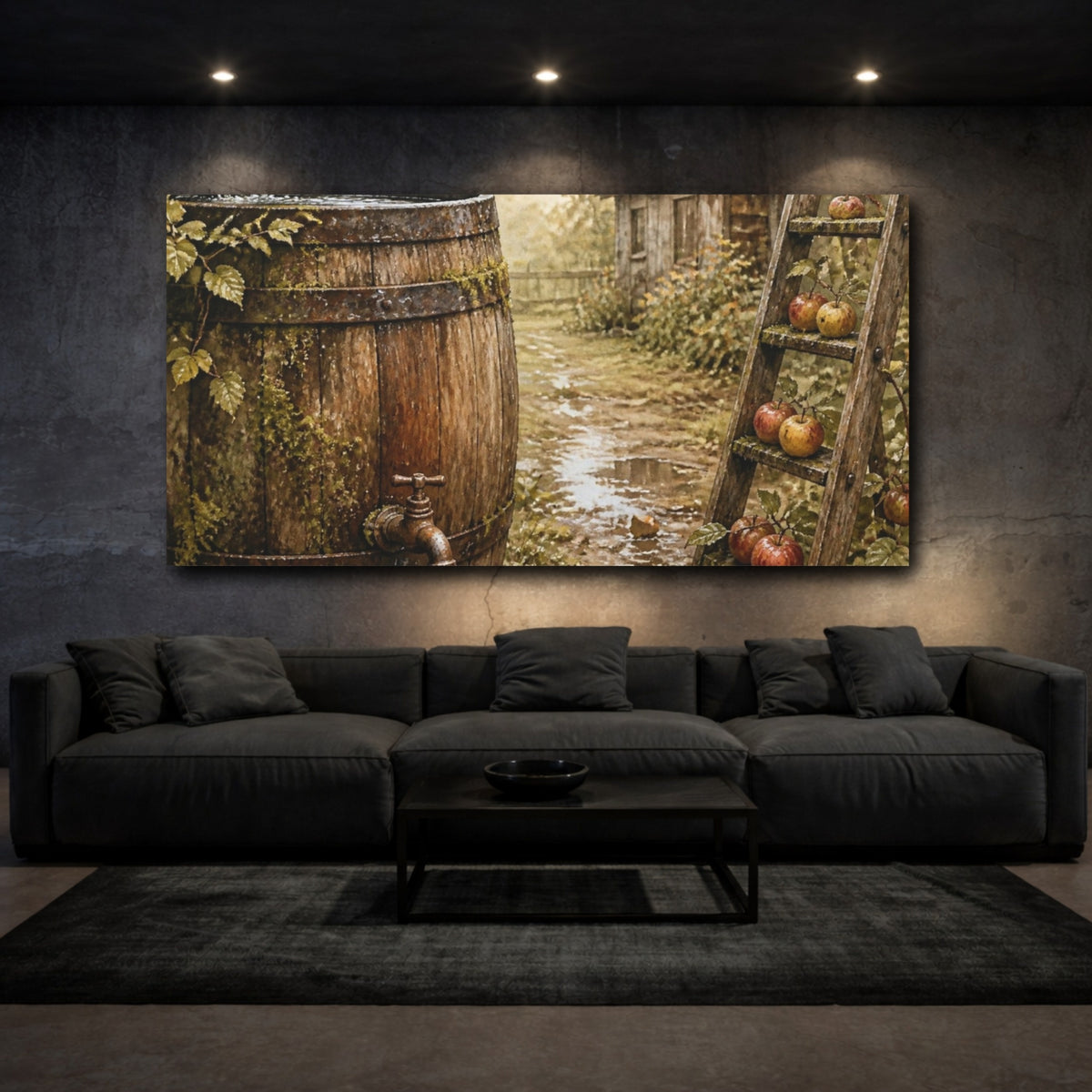 Mockup 3. Rustic Barrel With Apples shown as canvas print