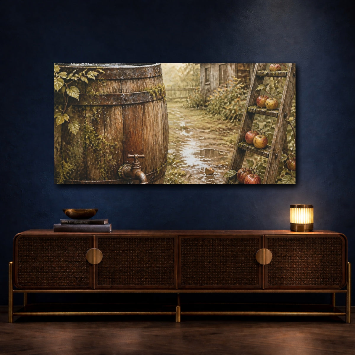 Mockup 4. Rustic Barrel With Apples shown as canvas print