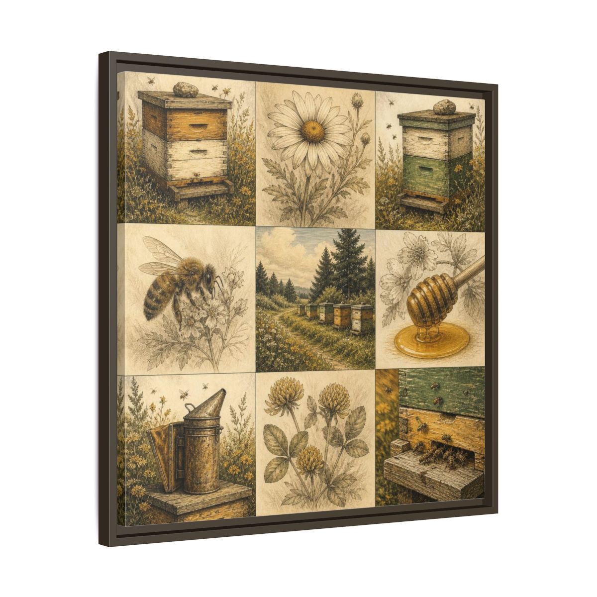 Side Mockup 27. Rustic Beehive Study shown as framed canvas print