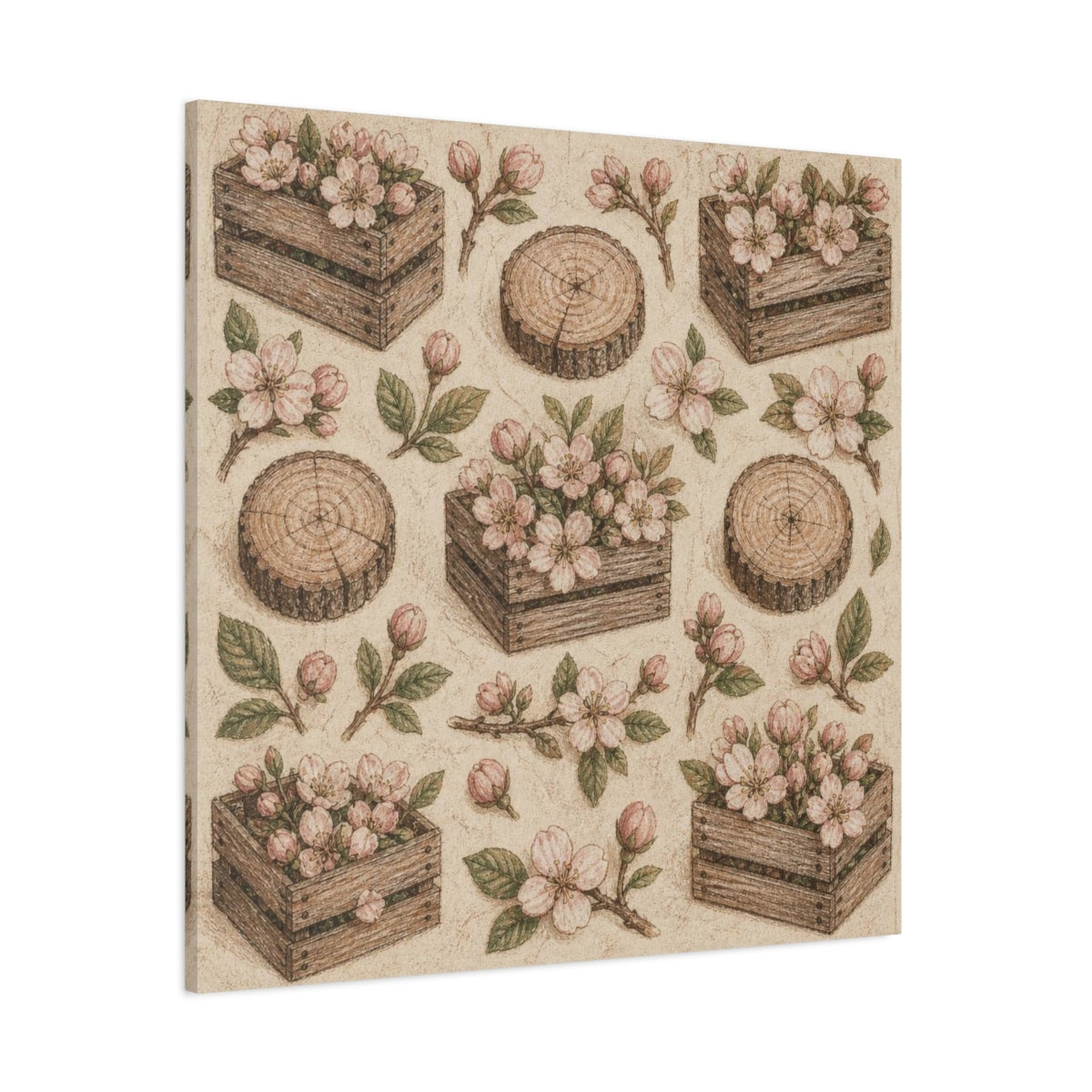 Side Mockup 1. Rustic Blossom Crates shown as canvas print