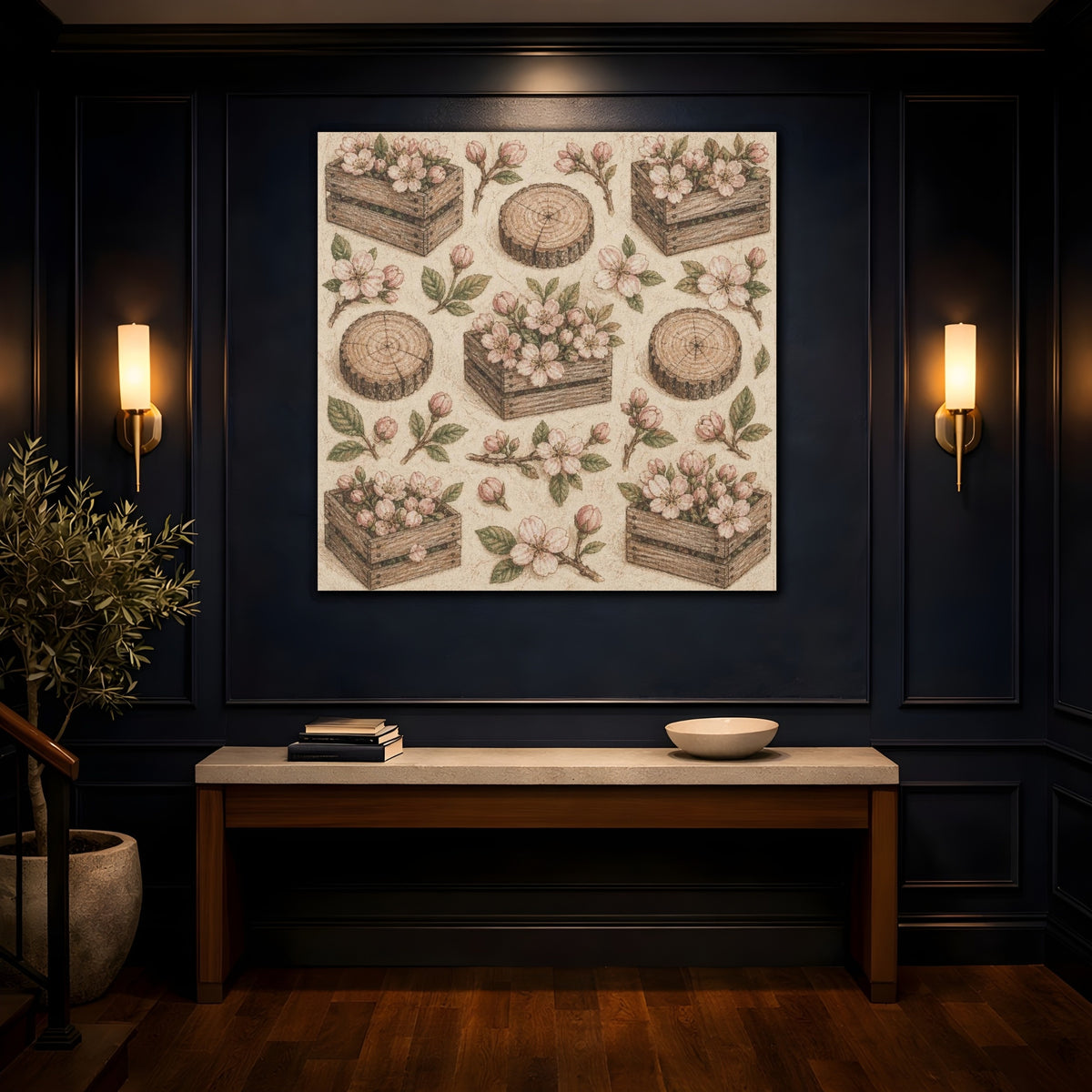 Mockup 4. Rustic Blossom Crates shown as canvas print