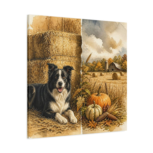 Main Mockup. Rustic Border Collie Harvest shown as canvas print