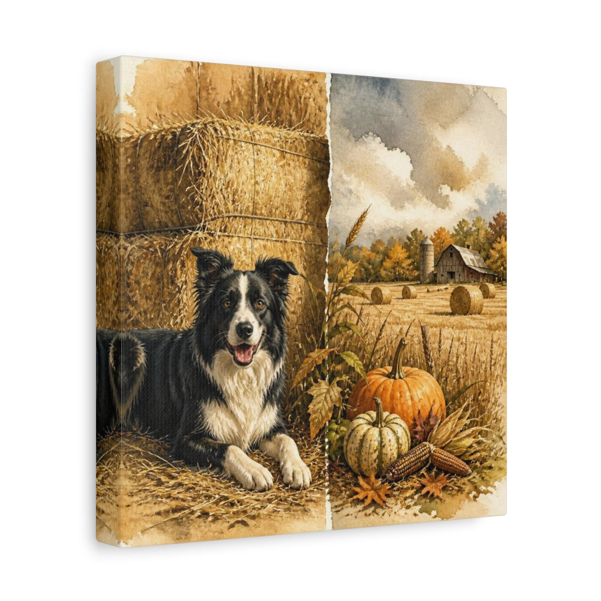 Side Mockup 9. Rustic Border Collie Harvest shown as canvas print