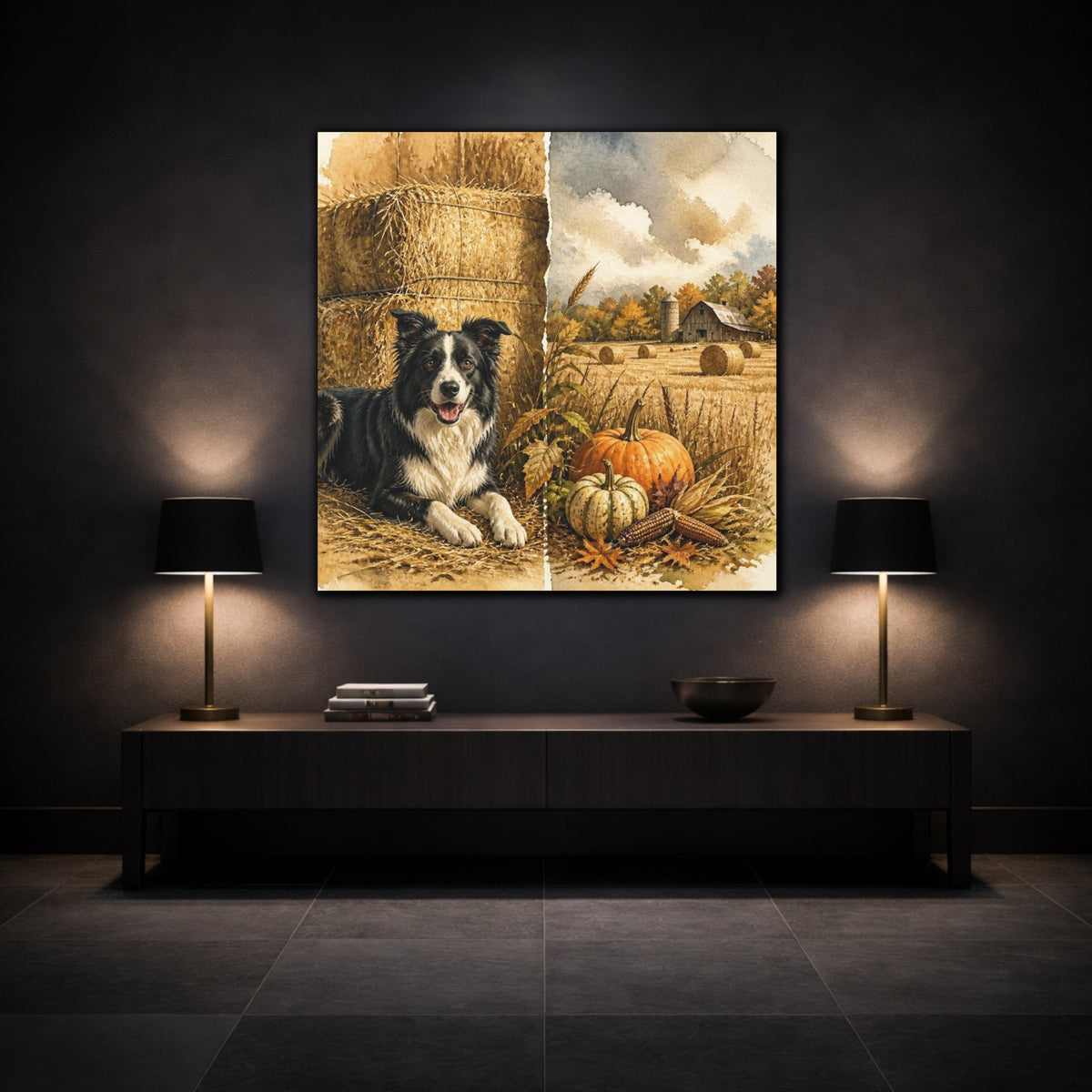 Mockup 3. Rustic Border Collie Harvest shown as canvas print