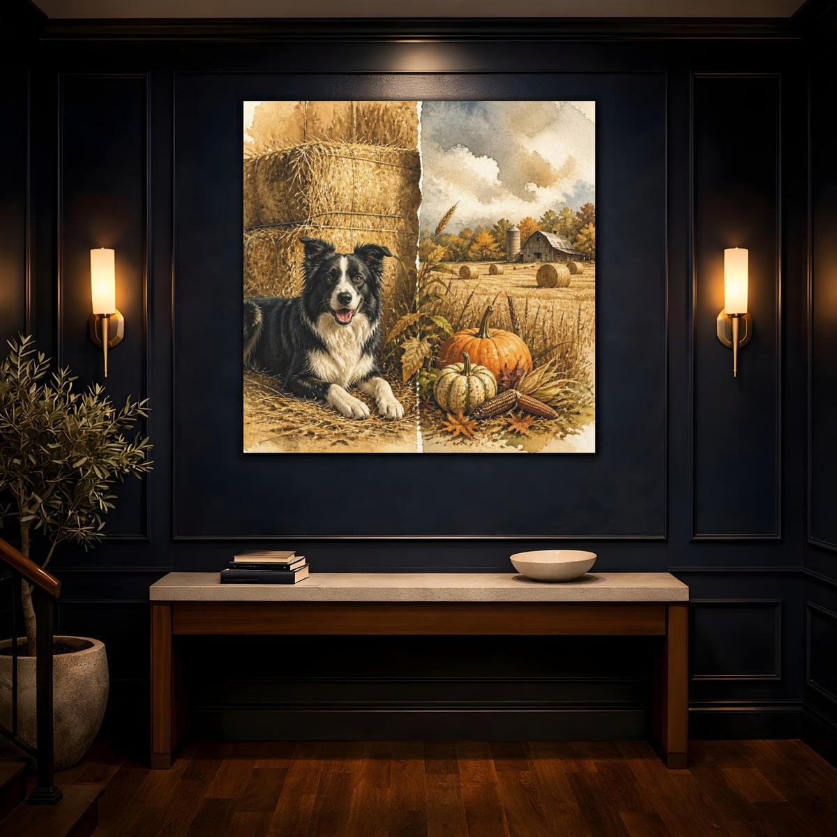 Mockup 4. Rustic Border Collie Harvest shown as canvas print
