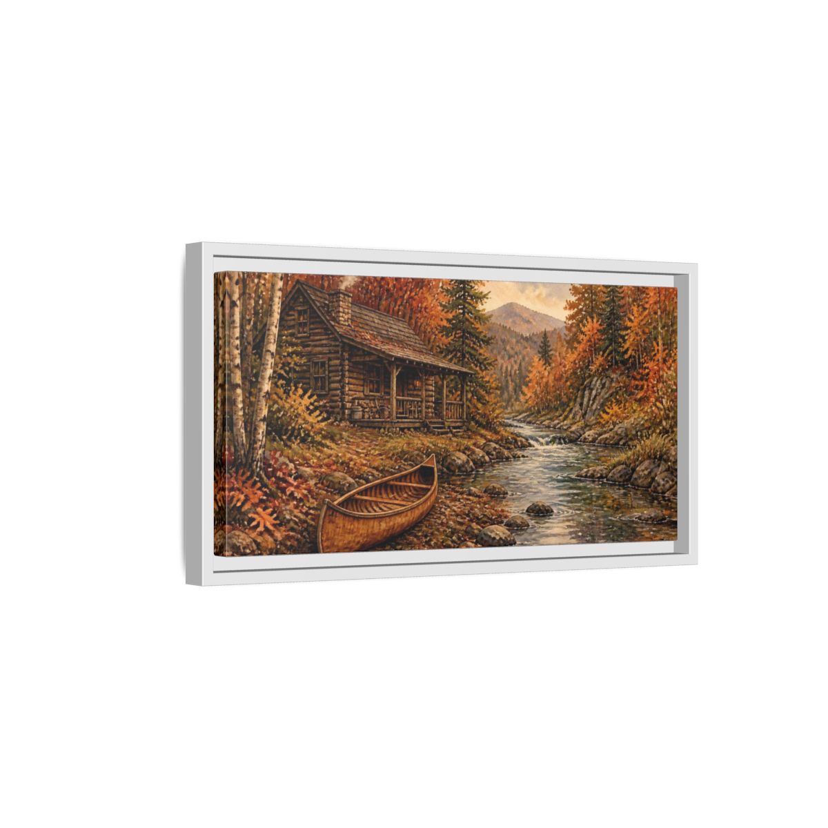 Side Mockup 6. Rustic Cabin And Canoe shown as framed canvas print