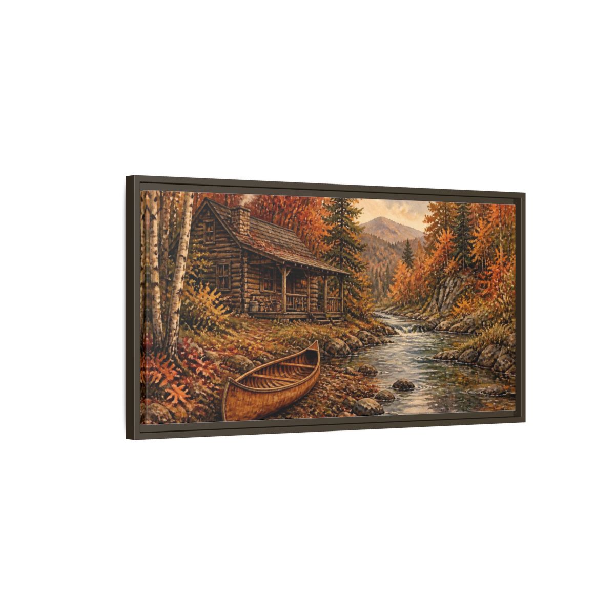 Main Mockup. Rustic Cabin And Canoe shown as framed canvas print