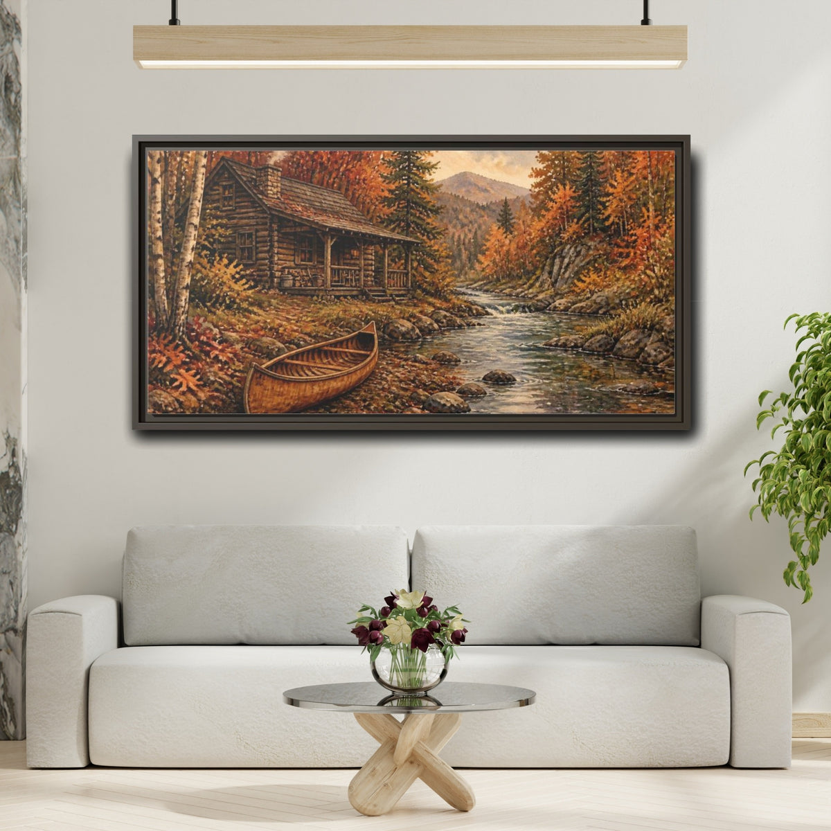 Mockup 2. Rustic Cabin And Canoe shown as framed canvas print